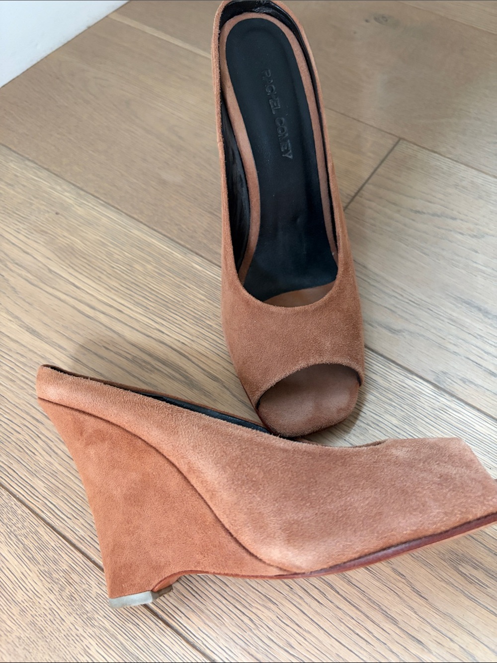 Rachel Comey Wedge Tan Suede Peep Toe Heels